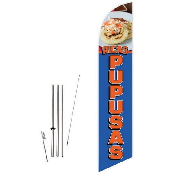 Cobb Promo Ricas Pupusas Blue Feather Flag with Complete 15ft Pole kit and Ground Spike