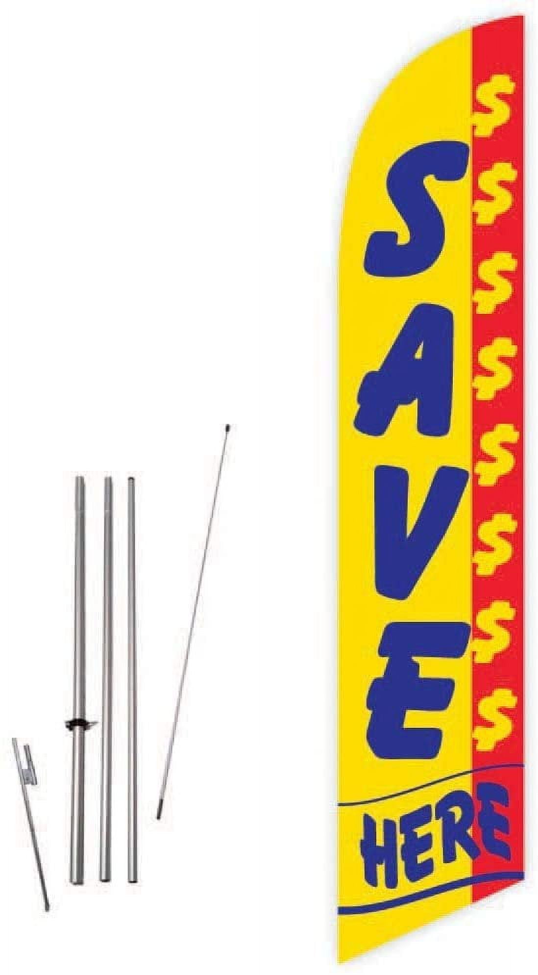 Cobb Promo Save $$$$ Here Yellow/Red Feather Flag with Complete 15ft Pole kit and Ground Spike