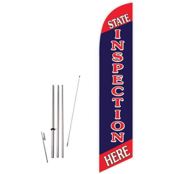 Cobb Promo State Inspection Here Blue Feather Flag with Complete 15ft Pole kit and Ground Spike