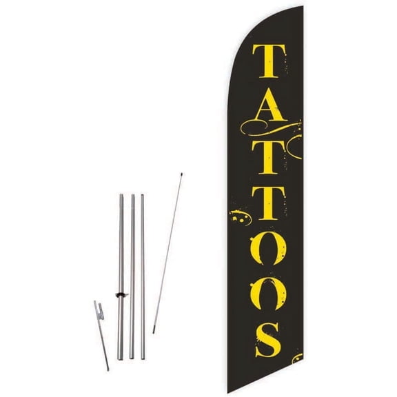 Cobb Promo Tattoos Black Feather Flag with Complete 15ft Pole kit and Ground Spike