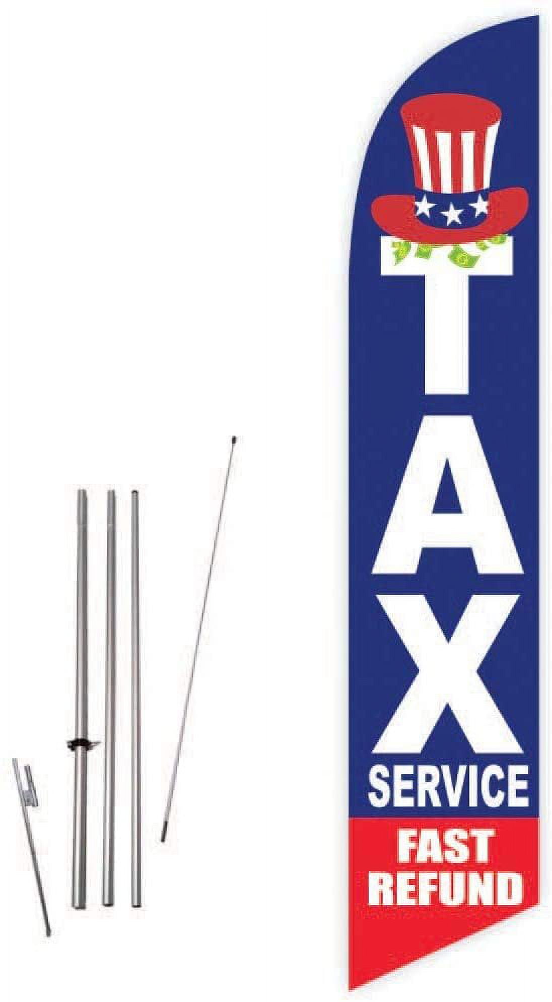 Cobb Promo Tax Service Fast Refund Blue Feather Flag with Complete 15ft Pole kit and Ground Spike
