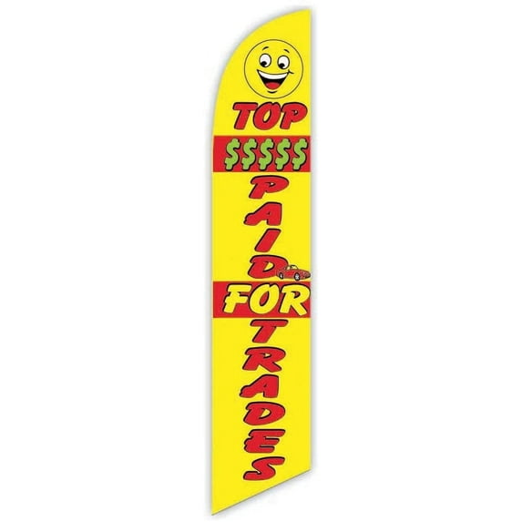 Cobb Promo Top $$$ Paid for Trades Yellow Advertising Feather Flag 12ft - Replacement Flag Only Without Poleset