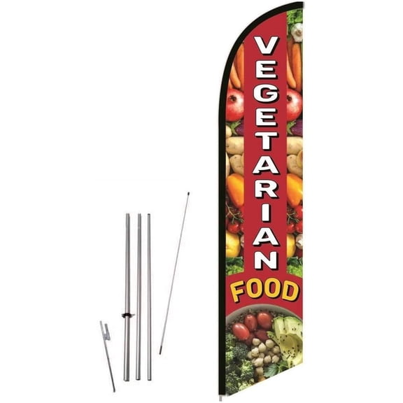 Cobb Promo Vegetarian Food Red Feather Flag Printed to Order with Complete 15ft Pole kit and Ground Spike