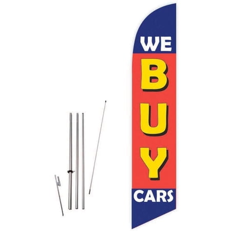 Cobb Promo We Buy Cars Blue/Red Feather Flag with Complete 15ft Pole kit and Ground Spike
