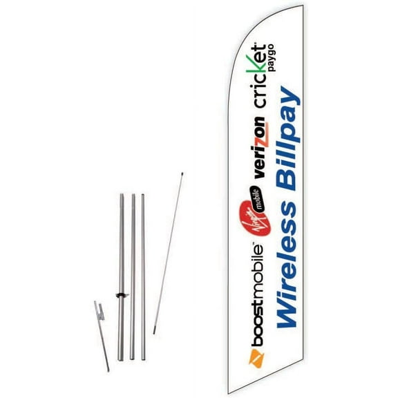 Cobb Promo Wireless Bill Pay White Feather Flag with Complete 15ft Pole kit and Ground Spike