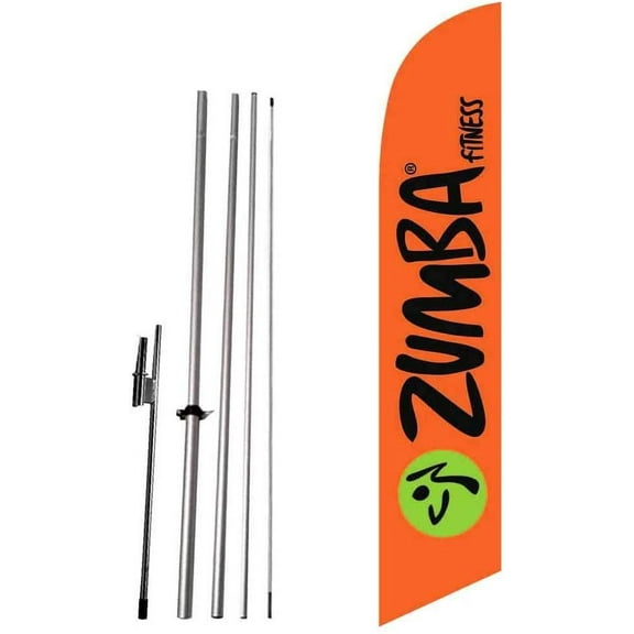 Cobb Promo Zumba Fitness Orange Advertising Feather Flag Banner with Complete 15ft Pole kit and Ground Spike