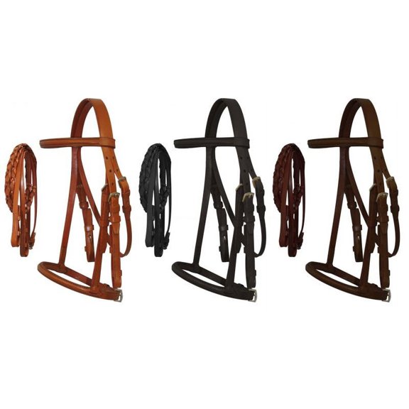 Horse Size English Headstall w/ Raised Browband & Braided Leather Reins (Black)