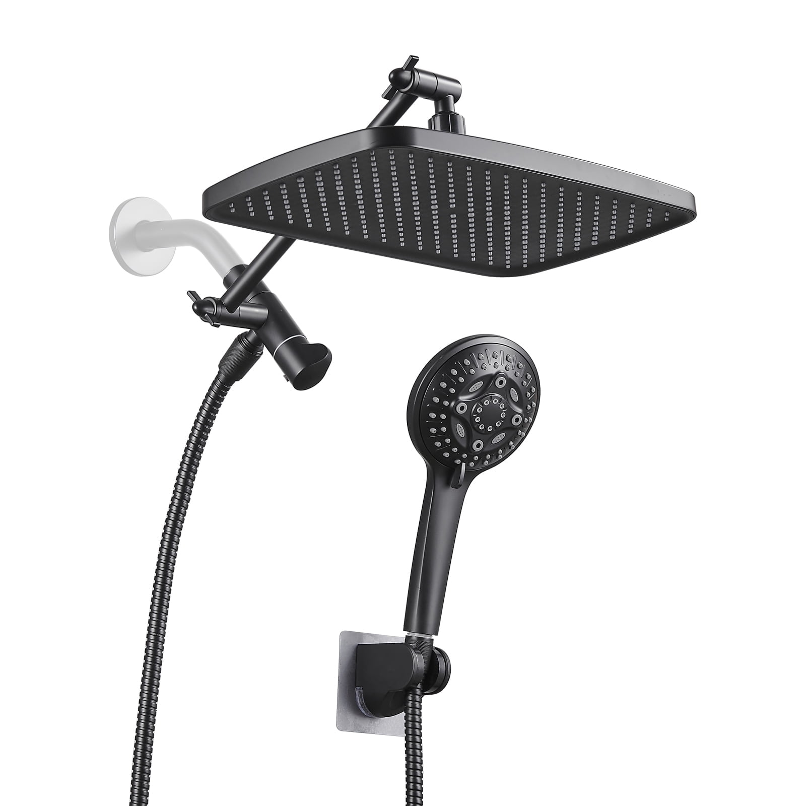 Cobbe 12'' High Pressure Rain Shower Head with Extension Arm, Dual Shower Heads with 8 Modes Handheld Spray Combo,  Matte Black