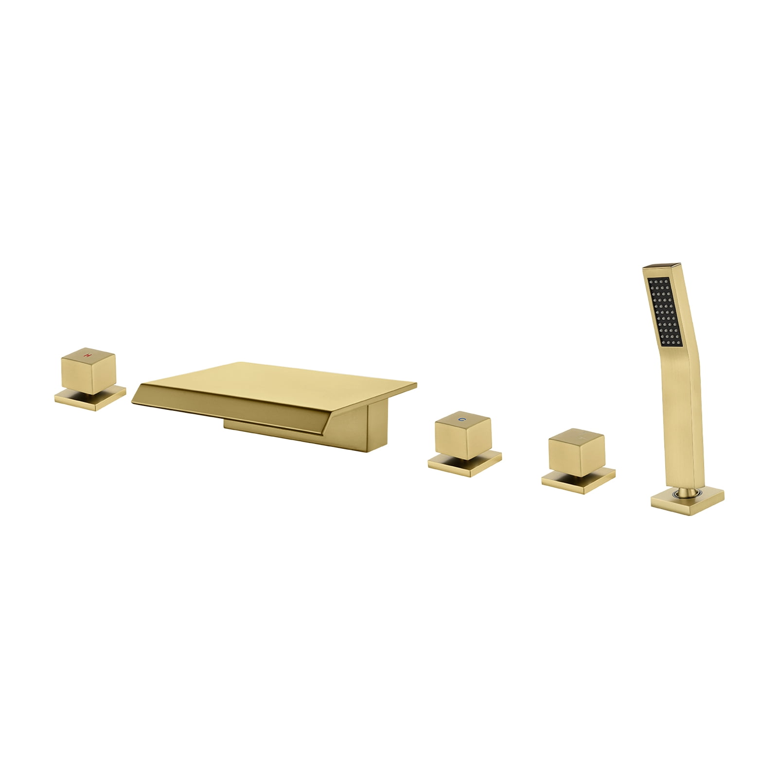 Cobbe 5-Hole Deck Mount Bathroom Bathtub Faucet with Hand Shower, 7.87-Inch and Wide Waterfall Spout Brushed Gold