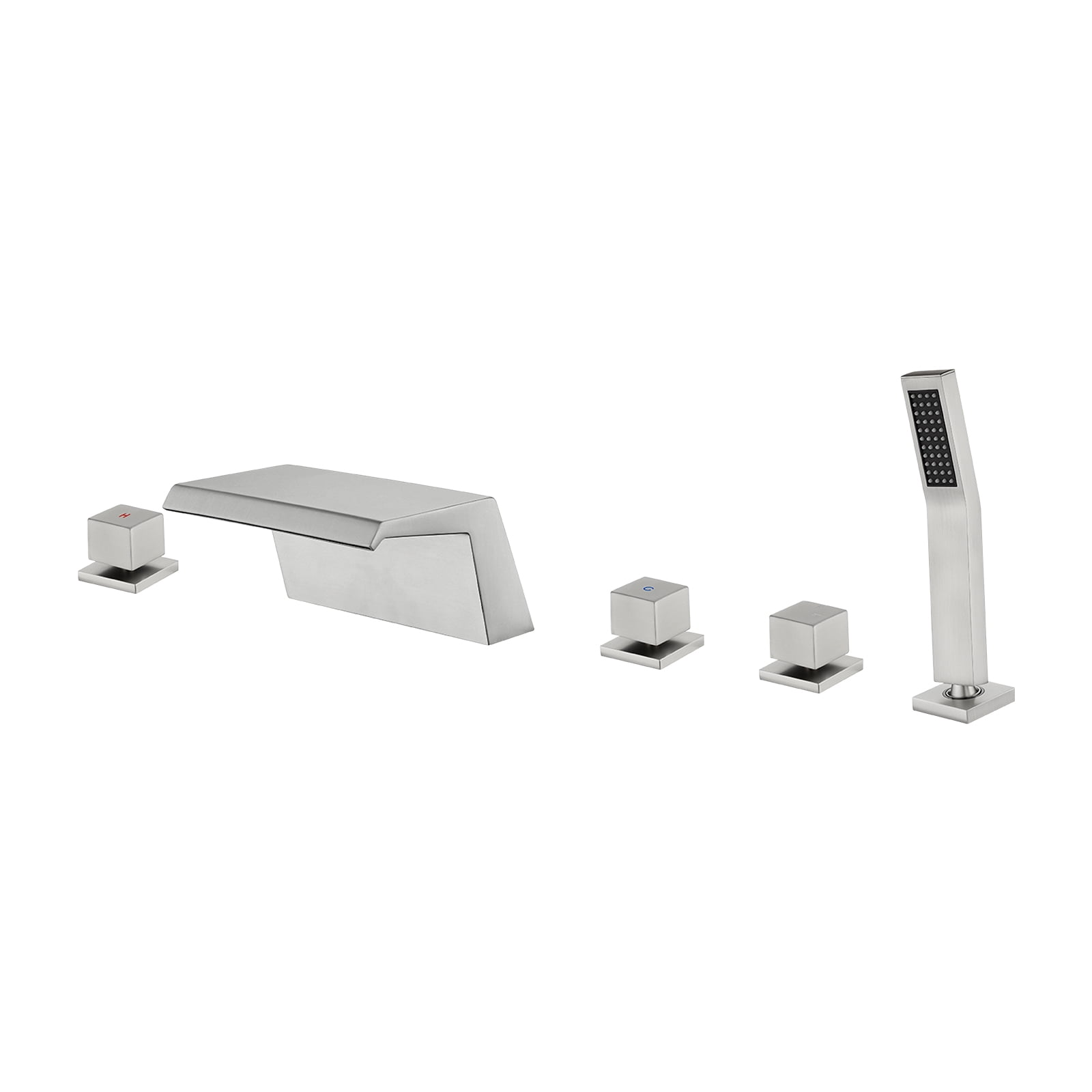 Cobbe 5-Hole Deck Mount Bathtub Faucet Kit with Hot Water Switch, 7.09-Inch Wide Bathtub Spout, Cold Water Switch, Diverter Knob and Handheld shower Brushed Nickel