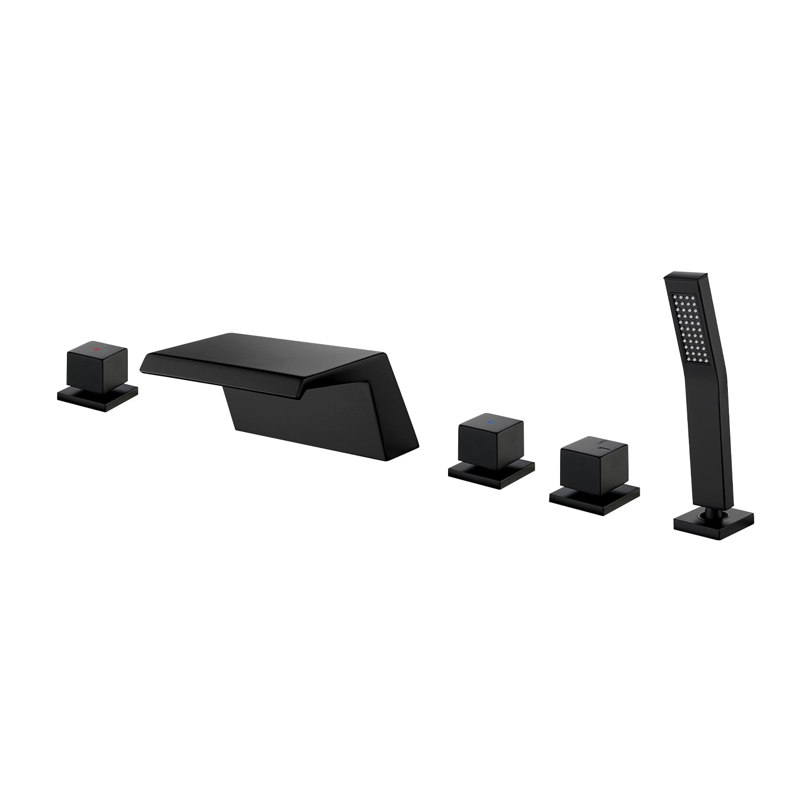 Cobbe 5-Hole Deck Mount Bathtub Faucet Kit with Hot Water Switch, 7.09-Inch Wide Bathtub Spout, Cold Water Switch, Diverter Knob and Handheld shower Matte Black