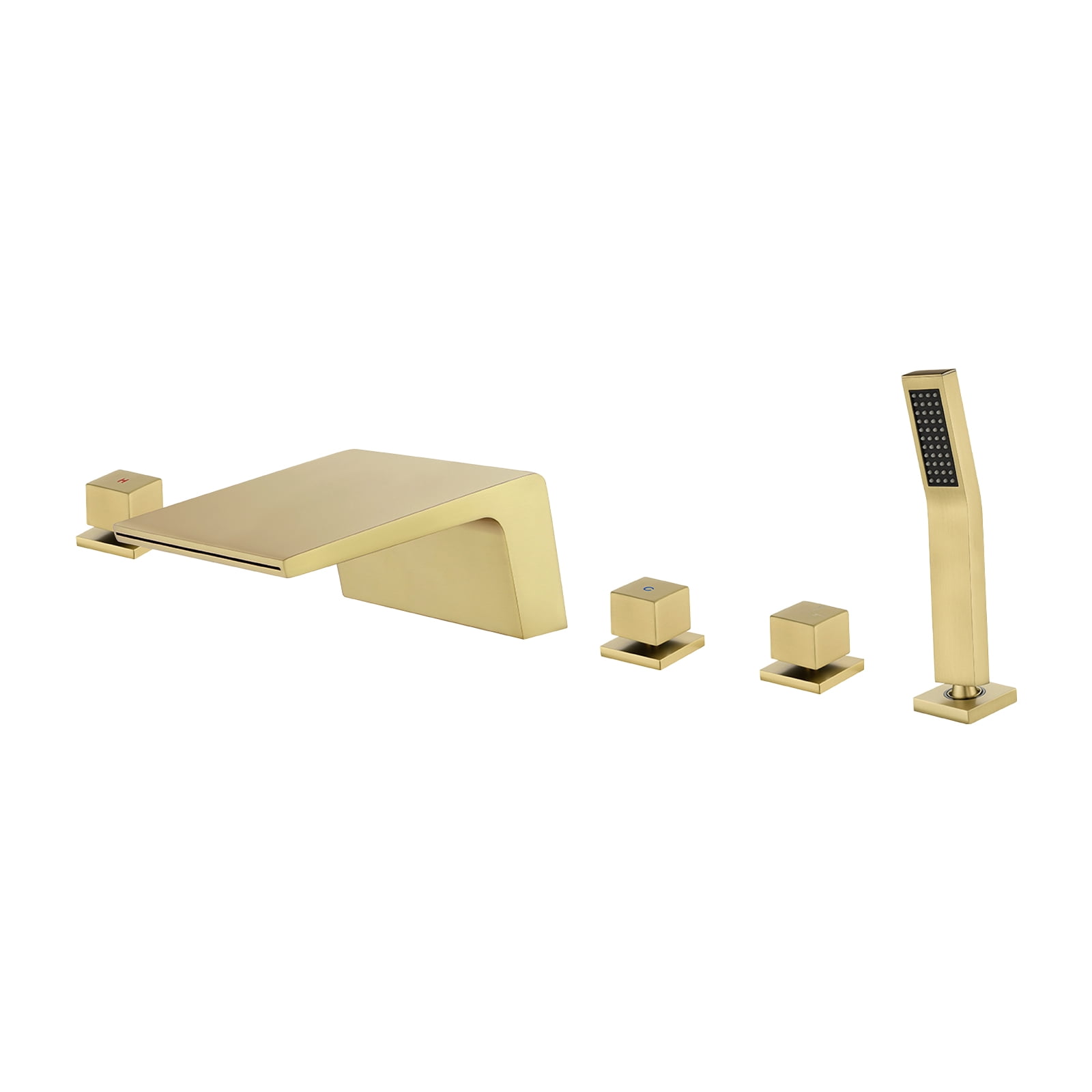 Cobbe 5-Hole Mount Bathroom Bathtub Fauce with 2 Switches, 1 Diverter Knob, 7.09-Inch Wide Tub Spout and Hand Shower Brushed Gold