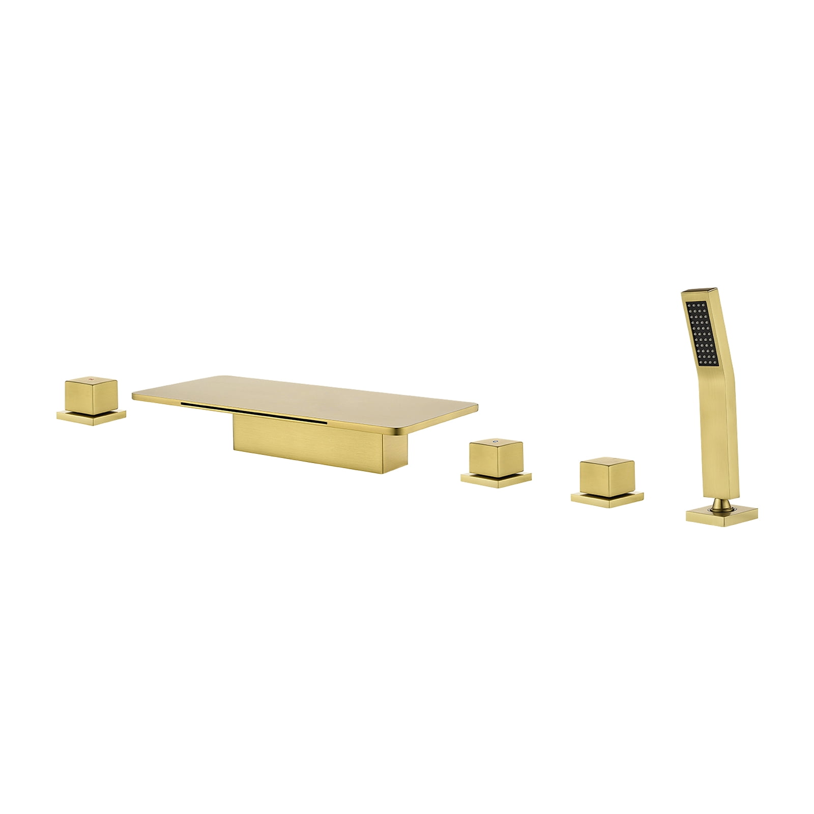Cobbe 5-Hole Mount Brushed Gold Waterfall Bathroom Bathtub Faucet Set with 11.02-Inch Wide Bathtub Spout, Handheld Sprayer