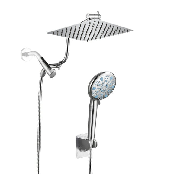 Cobbe 8-Inch Dual Shower Heads with Handheld Spray Combo, 3-Way Rain Shower Head, 9-Spray Patterns Handheld Shower, Chrome