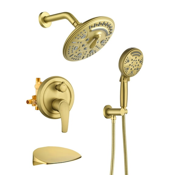 Cobbe 8-Inch Shower System with Waterfall Tub Spout, 6-Spray Showerhead and 9-Spray Handheld Showerhead  Brushed Gold