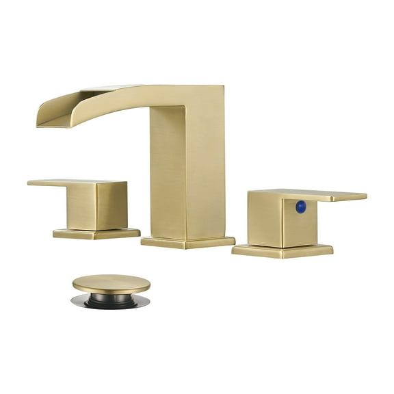 Cobbe 8-Inch Widespread Waterfall Bathroom Faucet, 2-Handle Bathroom Sink Faucet, 3-Hole Installation with Pop Up Drain Assembly Brushed Gold