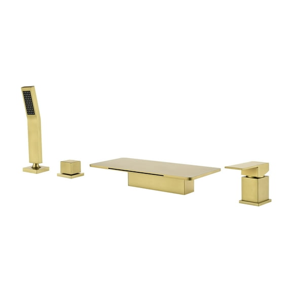 Cobbe Bathroom Bathtub Faucet Set Single Handle with 11.02-Inch Wide Bathtub Spout and Handheld Shower 4-Hole Deck Mount Tub Faucet Brushed Gold