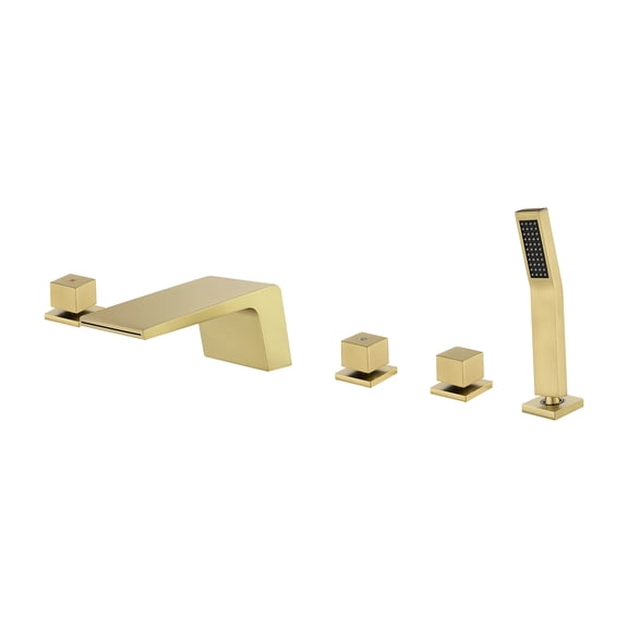 Cobbe Bathtub Faucet Set with Hot/Cold Water Switch, Diverter Knob, Handheld Shower and 4.72-Inch Wide Waterfall Spout 5-Hole Mount Brushed Gold