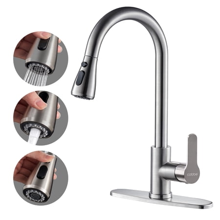 Cobbe Kitchen Faucet with Pull Down Sprayer, High Arc Gooseneck Kitchen Sink Faucet with Stainless Steel Single Handle Lead-Free Faucet for Kitchen Sinks (Brushed, Pause Mode)