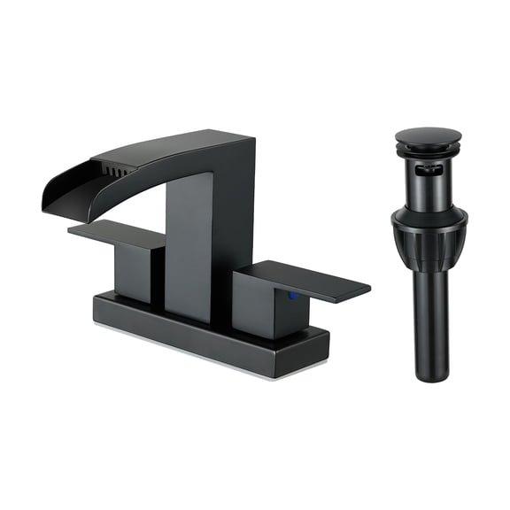 Cobbe Modern Two Hole Waterfall Centerset 4-Inch 2-handle Bathroom Faucet with Pop Up Drain Assembly Matte Black