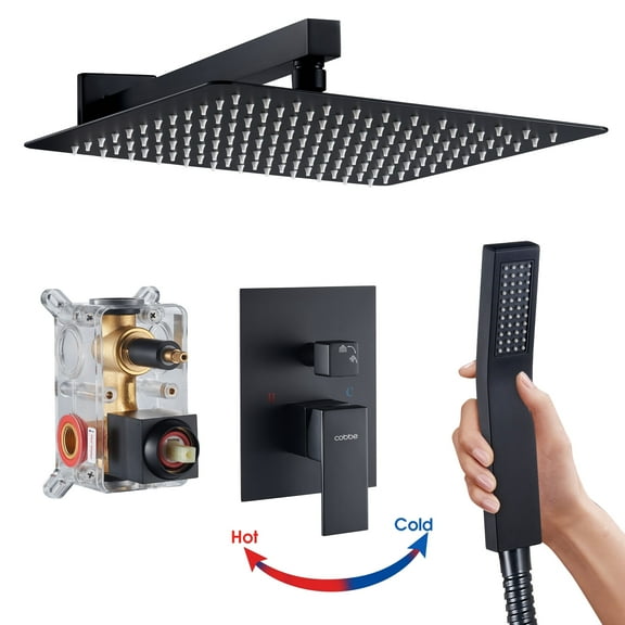 Cobbe Shower Set 12-inch Rainfall Shower Head with Handheld Sprayer Shower system for Bathroom Rough-in Valve Body and Trim Included Matte Black