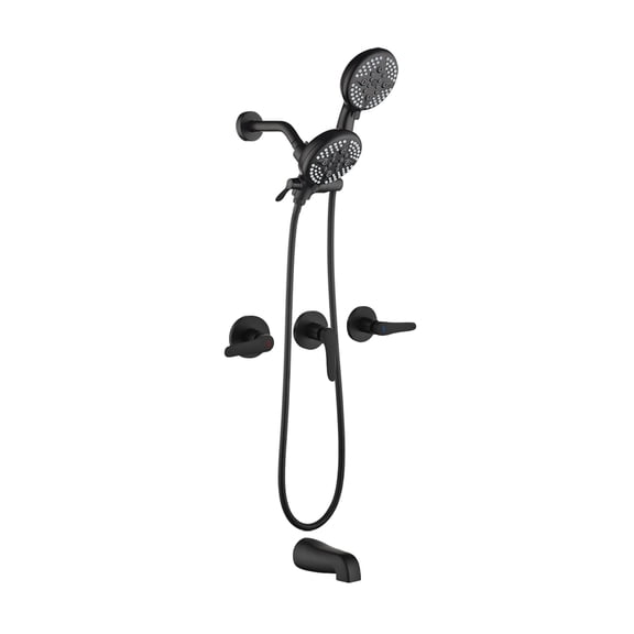 Cobbe Shower System with 5-Spray Dual Shower Head Combo, Tub Spout and 59-Inch Hose Wall Mount 3-Handle Shower Faucet Set ABS Matte Black