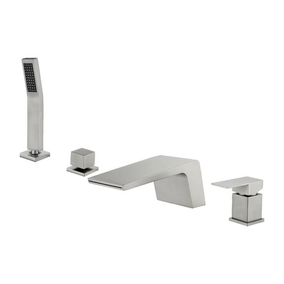 Cobbe Single Handle 4-Hole Mount Bathtub Faucet Set with 4.72-Inch Wide Waterfall Spout and Handheld Shower Brushed Nickel