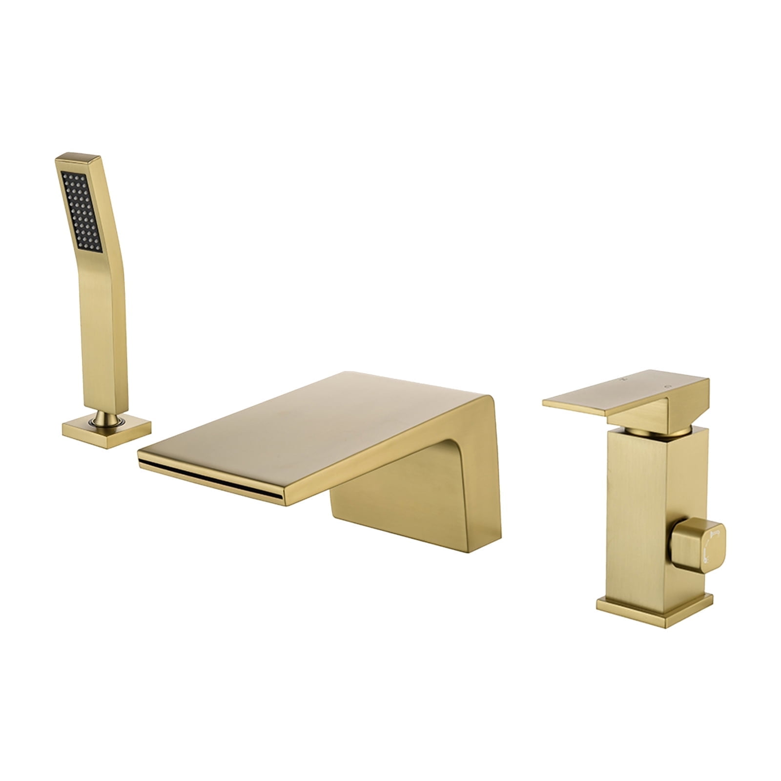 Cobbe Single Handle Bathroom Bathtub Faucet with 3.5-Inch Wide Waterfall Spout and Handheld Shower 3-Hole Deck Mount  Brushed Gold