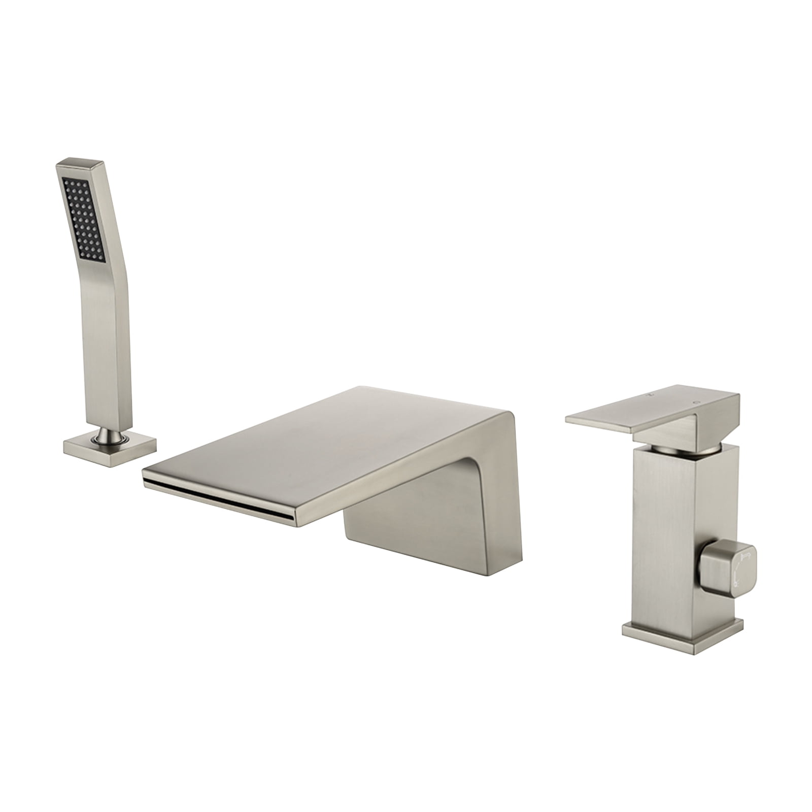 Cobbe Single Handle Bathroom Bathtub Faucet with 3.5-Inch Wide Waterfall Spout and Handheld Shower 3-Hole Deck Mount Brushed Nickel