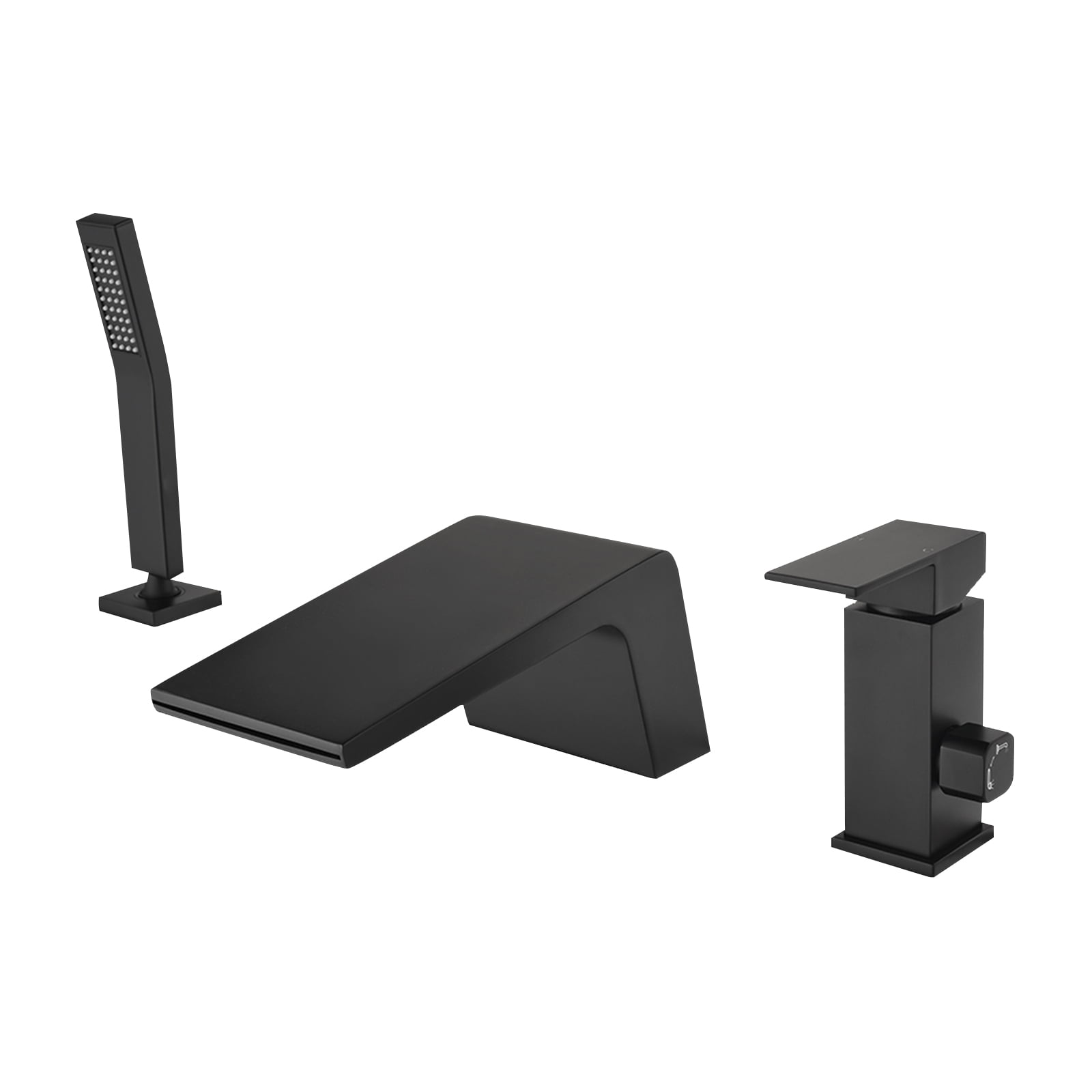 Cobbe Single Handle Bathroom Bathtub Faucet with 3.5-Inch Wide Waterfall Spout and Handheld Shower 3-Hole Deck Mount Matte Black