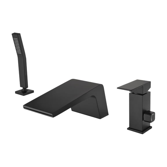 Cobbe Single Handle Bathroom Bathtub Faucet with 3.5-Inch Wide Waterfall Spout and Handheld Shower 3-Hole Deck Mount Matte Black
