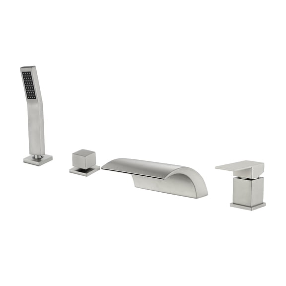 Cobbe Single Handle Bathroom Bathtub Faucet with 7.09-Inch Wide Waterfall Spout and Handheld Shower 4-Hole Mount Brushed Nickel