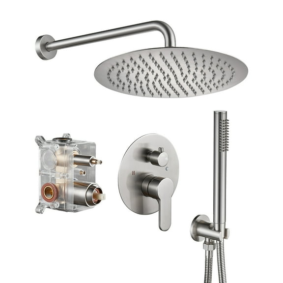 Cobbe Stylish Stainless Steel Round Shower System with 12-inch Overhead Rainfall and Handheld Spray Rough in-Valve Included, Brushed Nickel