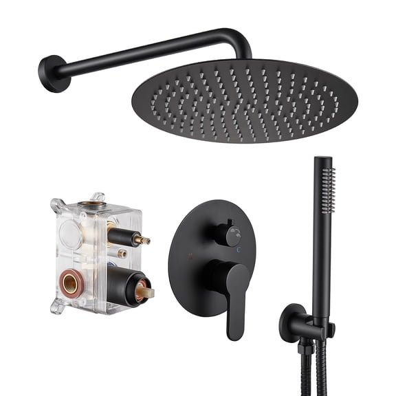 Cobbe Stylish Stainless Steel Round Shower System with 12-inch Overhead Rainfall and Handheld Spray Rough in-Valve Included, Matte Black