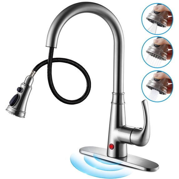 Cobbe Touchless Single-Handle Pull-Down Sprayer Kitchen Faucet with 3 Spout Patterns Brushed Nickel