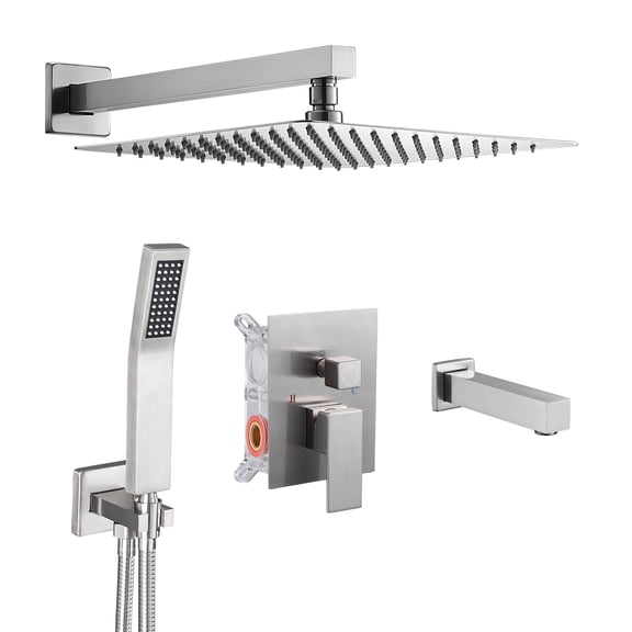 Cobbe Wall Mounted  Shower System 12-inch Overhead Rainfall, Handheld Spray,Tub Spout and Rough in-Valve Stainless Steel Brushed Nickel