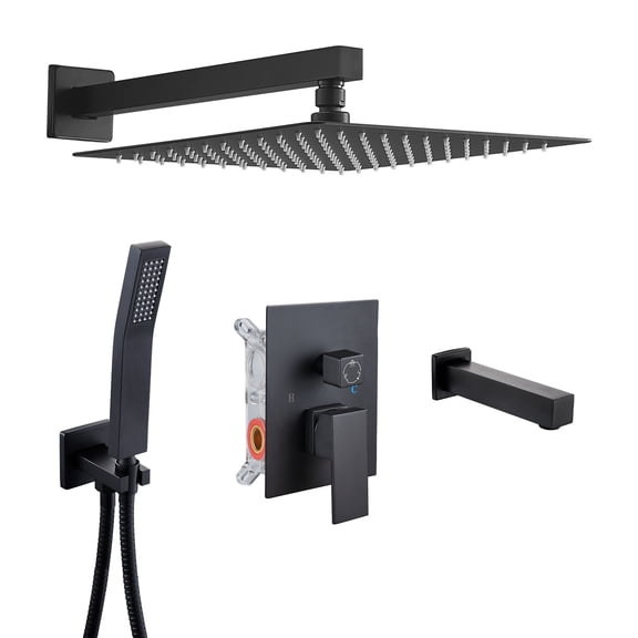 Cobbe Wall Mounted  Shower System 12-inch Overhead Rainfall, Handheld Spray,Tub Spout and Rough in-Valve Stainless Steel Matte Black
