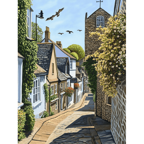 Cobbled Street Village Scene Canvas Print/Wall Art Perfect for Living Room Bedroom Hallway Kitchen Office Decoration.