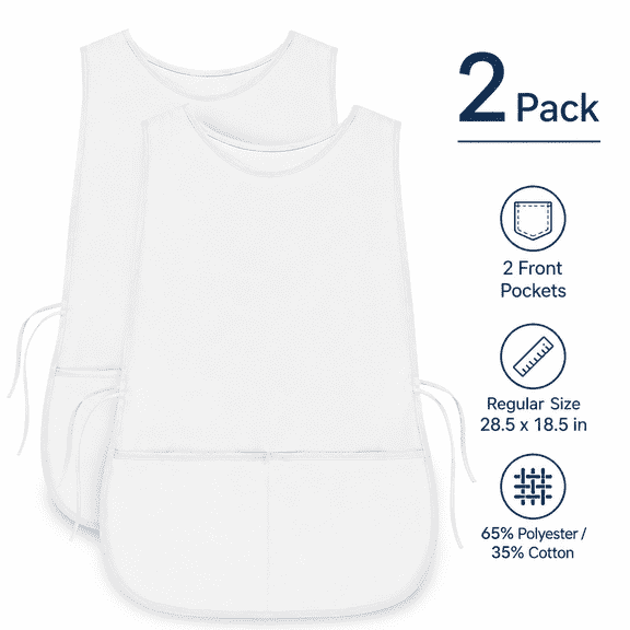 Cobbler Apron with 2 Front Pockets, Regular 28.5 x 18.5 Inch White Smock Aprons, 2 Pack