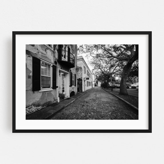 Cobblestone Charleston B&W - Charleston South Carolina Photography Black Framed Wall Art Print 20 x 30 inches
