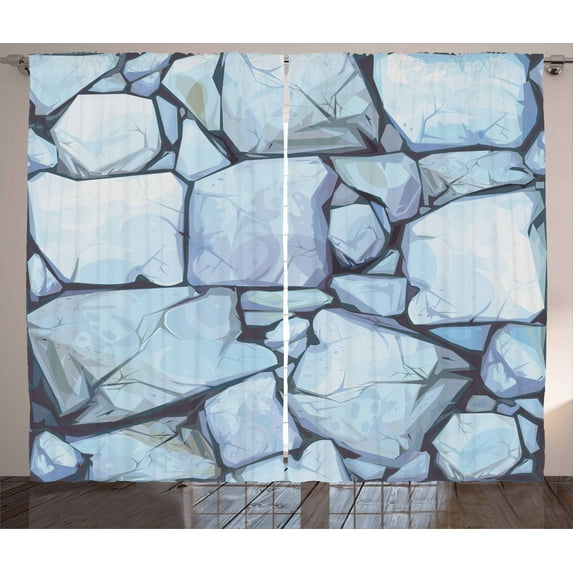 Cobblestone Curtains 2 Panels Set, Cottage House Concept Hand Drawn Style Illustration of Stone Wall, Window Drapes for Living Room Bedroom, 108W X 63L Inches, Pale Blue and Eggplant, by Ambesonne
