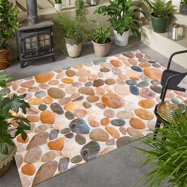 Cobblestone Orange Modern Farmhouse Outdoor Rug Natural Washable Waterproof Rug for Patio Deck Balcony Backyard Porch Boho Non Slip Carpet Mat Bathroom Kitchen Cute Runner Rug 1'x2'