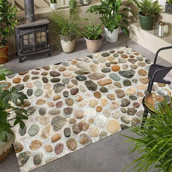 Cobblestone Pattern Area Rug, Farmhouse Outdoor Design Carpet, Waterproof Non Slip Washable Durable, Patio Deck Balcony Backyard Porch Kitchen Bathroom Mat 2x3ft