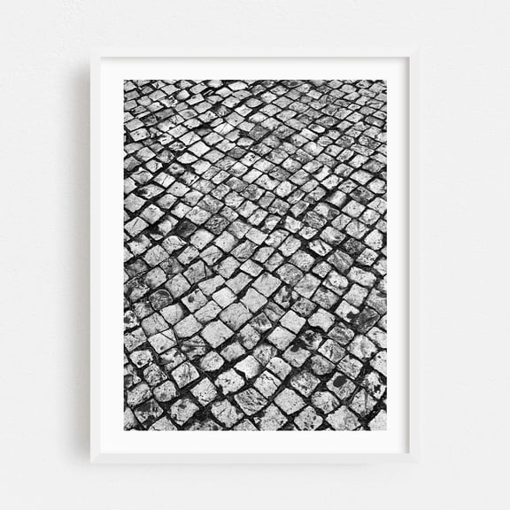 Cobblestone Patterns - Photography Black and White Pattern Abstract Geometric Architecture Street Photography Minimalist White Framed Wall Art Print 12 x 16 inches