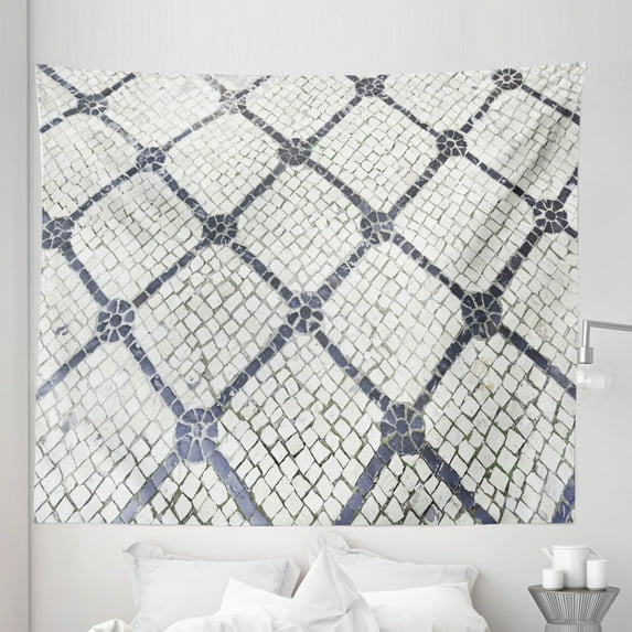 Cobblestone Tapestry, Urban City Traditional Blurred Portuguese Pavement in Lisbon, Fabric Wall Hanging Decor for Bedroom Living Room Dorm, 5 Sizes, Charcoal Grey Off White, by Ambesonne