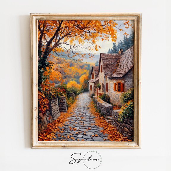 Cobblestone Village Lane with Fallen Leaves and Stone Cottage, Fall Cottage Poster, Autumn Wall Art, Rustic Art, Fall Landscape Poster 1820 Unframed Paper Print