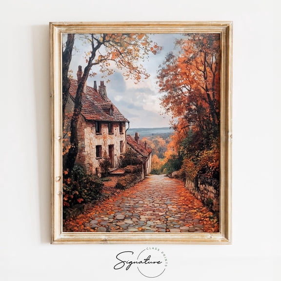 Cobblestone Village Lane In Autumn, Vintage Fall Landscape Art, Rustic Cottagecore Decor, Wall Art 1236 Home Decor, 8x12 UNFRAMED