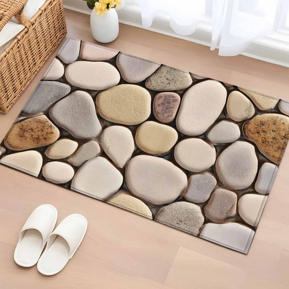 Cobblestones Bathroom Rug Washable 2x3 Entryway Rug Non Slip Natural Stones Gravel Rock Aesthetic Art Front Door Mat Low Pile Indoor Doormat Throw Floor Carpet for Kitchen Bedroom Entrance