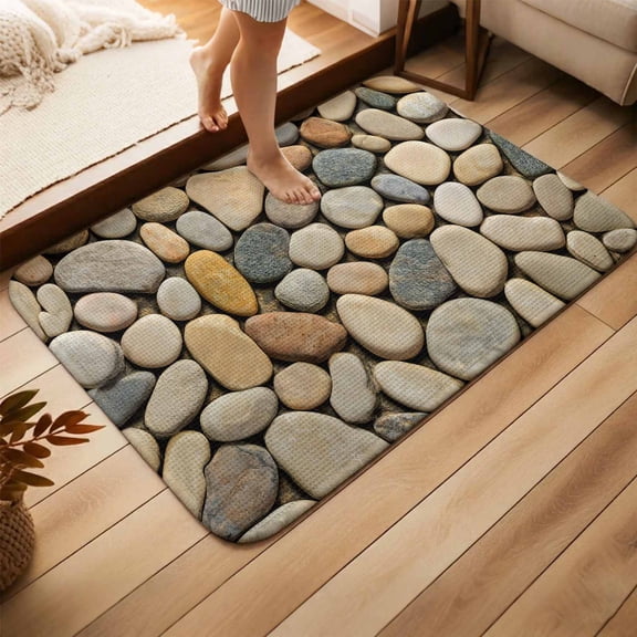 Cobblestones Doormat Bathroom Rugs, Non Slip Entrance Front Back Floor Rug, Gravel Rock Natural Stones Pattern Art Absorbent Washable Welcome Rug Indoor Outdoor Low Profile Door Mat 19.7x31.5 Inches