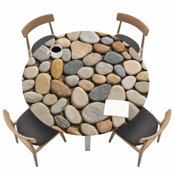 Cobblestones Fitted Tablecloth with Elastic Edged, Round Table Cloth for Dining Table, Gravel Rock Natural Stones Pattern Art Waterproof Oil Proof Table Cover for Indoor Outdoor 36"-44"